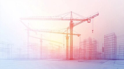 Wireframe Cityscape with Construction Cranes