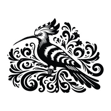 recommend clip art: Hoopoe bird with victorian flourish decoration, stencil logo, black and white animal illustration