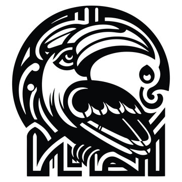 recommend clip art: Hornbill bird with art deco decoration, stencil logo, black and white animal illustration