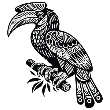 recommend clip art: Hornbill bird in zentangle art, stencil logo, black and white animal illustration