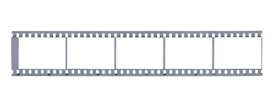 Old piece of black-and-white photographic film showcasing empty frames from a bygone era in photography and film development. Isolated