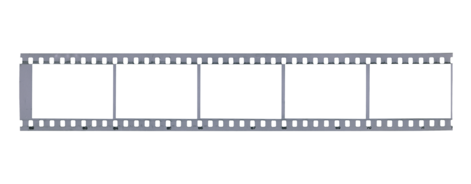 Old piece of black-and-white photographic film showcasing empty frames from a bygone era in photography and film development. Isolated