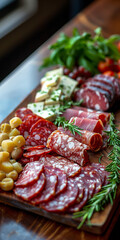 Charcuterie Board with Mixed Meats, Cheese, Grapes, Olives, and Cherry Tomatoes, cold cuts meat, banner