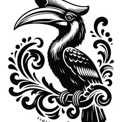 Fototapeta premium Hornbill bird with victorian flourish decoration, stencil logo, black and white animal illustration