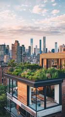 Fototapeta premium A sleek urban townhouse with a rooftop garden overlooking the city skyline. The sunset casts a warm glow over the scene, creating a peaceful and tranquil atmosphere.