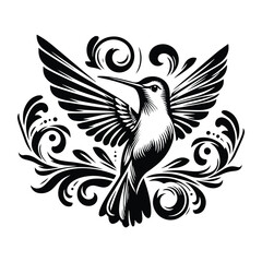 Obraz premium Hummingbird bird with victorian flourish decoration, stencil logo, black and white animal illustration