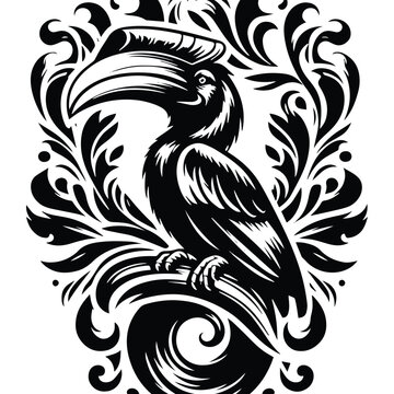 recommend clip art: Hornbill bird with victorian flourish decoration, stencil logo, black and white animal illustration