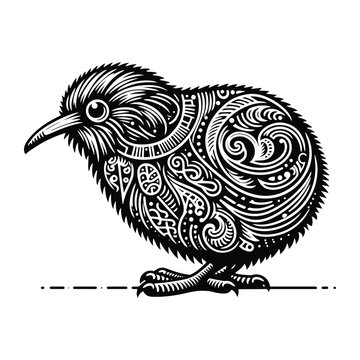 Kiwi bird in zentangle art, stencil logo, black and white animal illustration