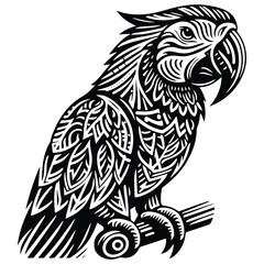 Macaw bird in zentangle art, stencil logo, black and white animal illustration