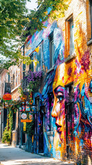 Fototapeta premium Vibrant street art mural in Montreal, Canada, depicting a woman's face with colorful, expressive brushstrokes.