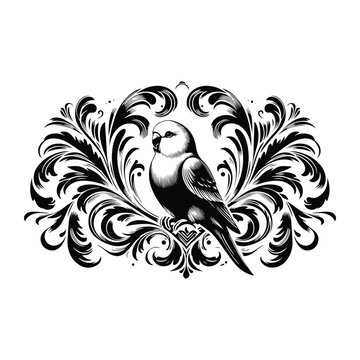 recommend clip art: Lovebird with victorian flourish decoration, stencil logo, black and white animal illustration