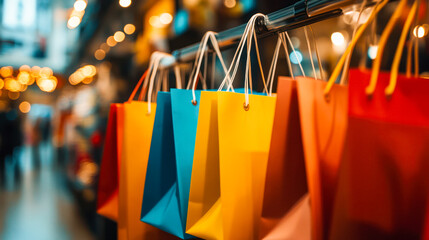 Colorful shopping bags hanging in a vibrant market setting