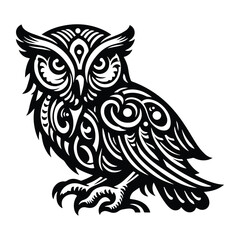 Owl bird with art nouveau decoration, stencil logo, black and white animal illustration