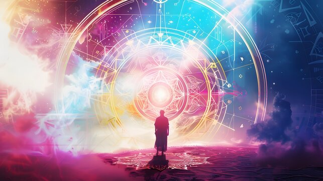 A tarot card depicting a telepath, glowing geometric runes, art deco background, white and celestial, vivid colors