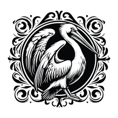 Obraz premium Pelican bird with victorian flourish decoration, stencil logo, black and white animal illustration