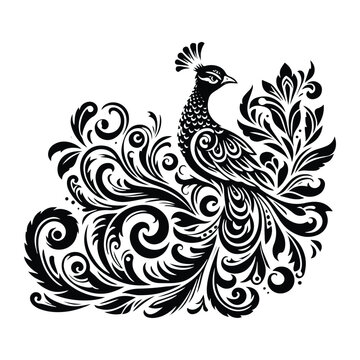 recommend clip art: Peacock bird with victorian flourish decoration, stencil logo, black and white animal illustration