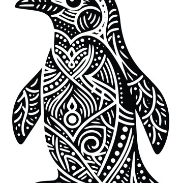 Penguin zentangle art, bird in stencil logo, black and white animal illustration