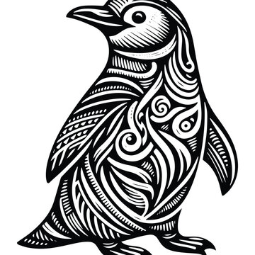 Penguin zentangle art, bird in stencil logo, black and white animal illustration