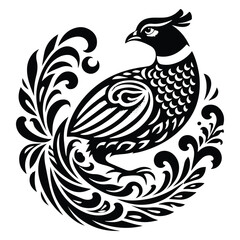 Fototapeta premium Pheasant bird with victorian flourish decoration, stencil logo, black and white animal illustration