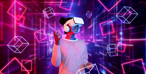 Girl looking around at geometric shape floating in metaverse. Happy teenager or gamer using VR headset and augmented reality technology accessing virtual world. Technology innovation. Ingenuity.