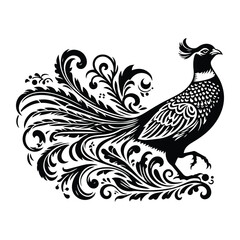 Obraz premium Pheasant bird with victorian flourish decoration, stencil logo, black and white animal illustration