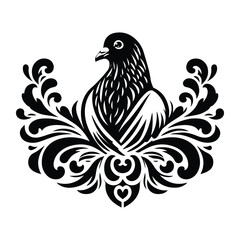 Pigeon bird with victorian flourish decoration, stencil logo, black and white animal illustration