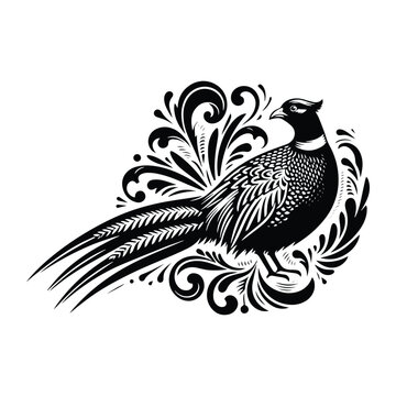 recommend clip art: Pheasant bird with victorian flourish decoration, stencil logo, black and white animal illustration
