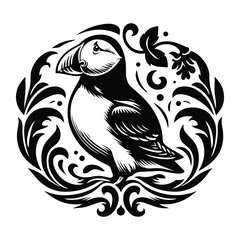 Obraz premium Puffin bird with victorian flourish decoration, stencil logo, black and white animal illustration