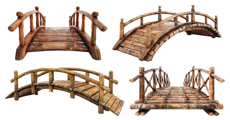 Set of rustic wooden arch bridges, cut out