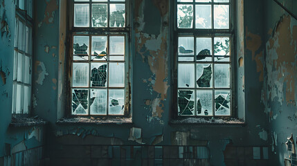 Eerie abandoned asylum with shattered windows, overgrown bushes, and ominous dark sky above.