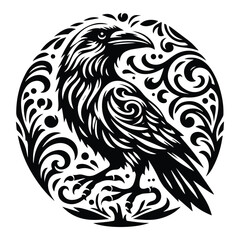 Fototapeta premium raven bird with victorian flourish decoration, stencil logo, black and white animal illustration