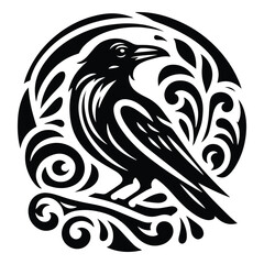 Naklejka premium raven bird with art nouveau decoration, stencil logo, black and white animal illustration