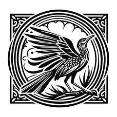 Obraz premium Roadrunner bird with art nouveau decoration, stencil logo, black and white animal illustration