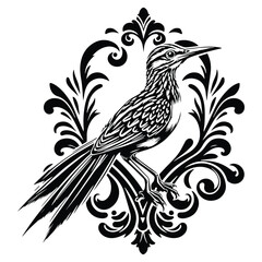Obraz premium Roadrunner bird with victorian flourish decoration, stencil logo, black and white animal illustration