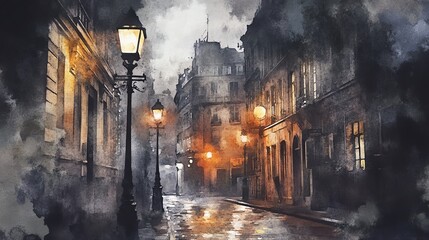 Victorian street, gas lamps flickering, deserted, Watercolor style