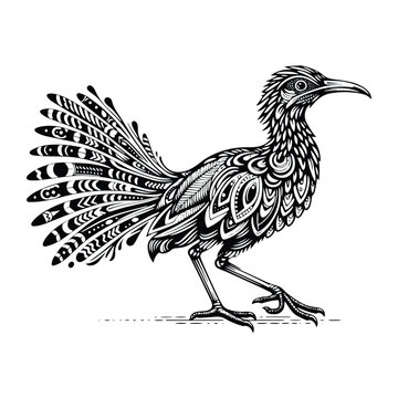 recommend clip art: Roadrunner bird in zentangle art, stencil logo, black and white animal illustration