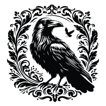 recommend clip art: raven bird with victorian flourish decoration, stencil logo, black and white animal illustration