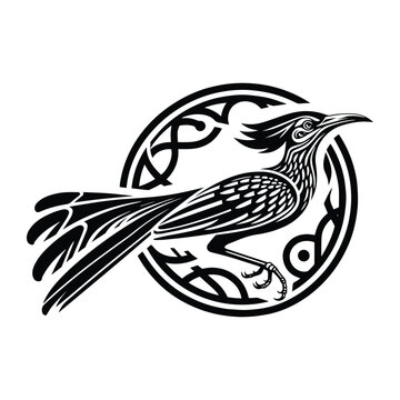 recommend clip art: Roadrunner bird with art nouveau decoration, stencil logo, black and white animal illustration