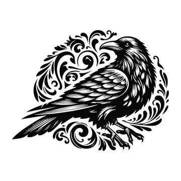 recommend clip art: raven bird with victorian flourish decoration, stencil logo, black and white animal illustration