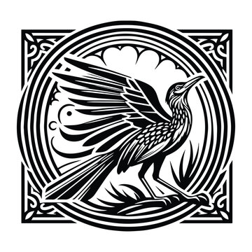 recommend clip art: Roadrunner bird with art nouveau decoration, stencil logo, black and white animal illustration