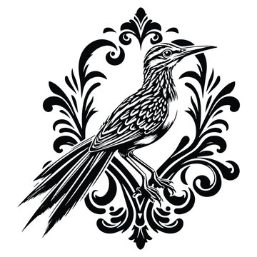 recommend clip art: Roadrunner bird with victorian flourish decoration, stencil logo, black and white animal illustration
