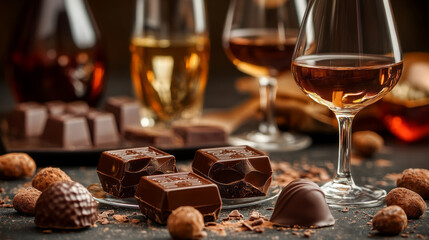 Depict chocolate being paired with wine, coffee, or whiskey in an elegant setting. Include tasting notes, showing how different types of chocolate complement various drinks.