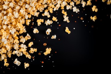 Popcorn frame, flying popcorn isolated on black background with copy space, movie poster concept 