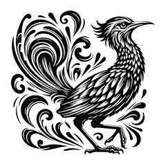 Fototapeta premium Roadrunner bird with victorian flourish decoration, stencil logo, black and white animal illustration
