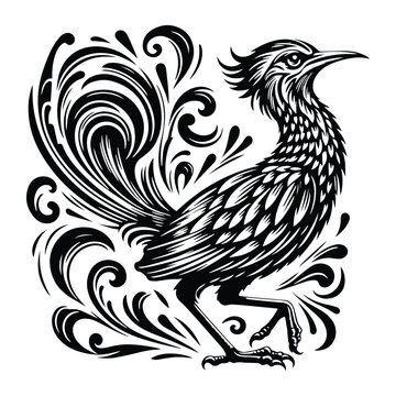 recommend clip art: Roadrunner bird with victorian flourish decoration, stencil logo, black and white animal illustration