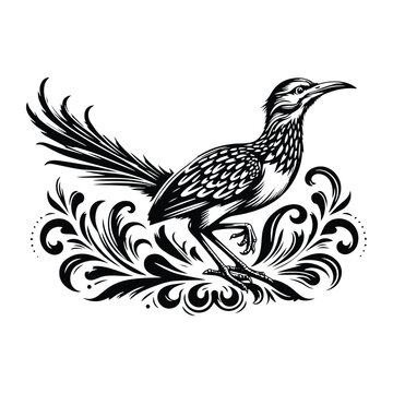 recommend clip art: Roadrunner bird with victorian flourish decoration, stencil logo, black and white animal illustration