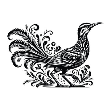 recommend clip art: Roadrunner bird with victorian flourish decoration, stencil logo, black and white animal illustration