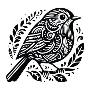 Robin zentangle art, bird in stencil logo, black and white animal illustration