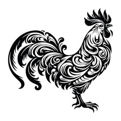 Obraz premium Rooster bird with victorian flourish decoration, stencil logo, black and white animal illustration