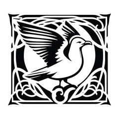 Obraz premium Seagull bird with art nouveau decoration, stencil logo, black and white animal illustration